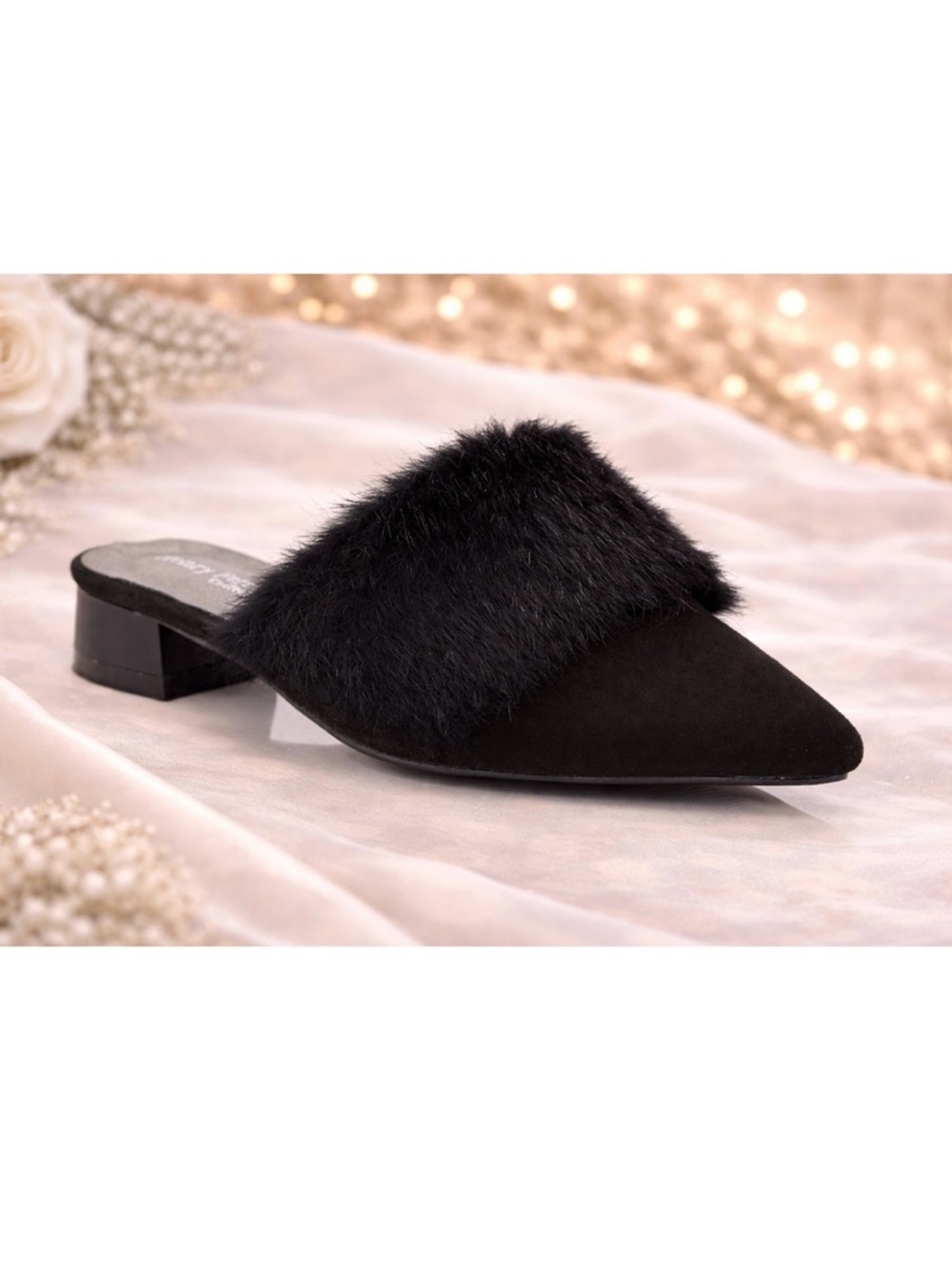 Black Faux Fur Pointed Toe Mule